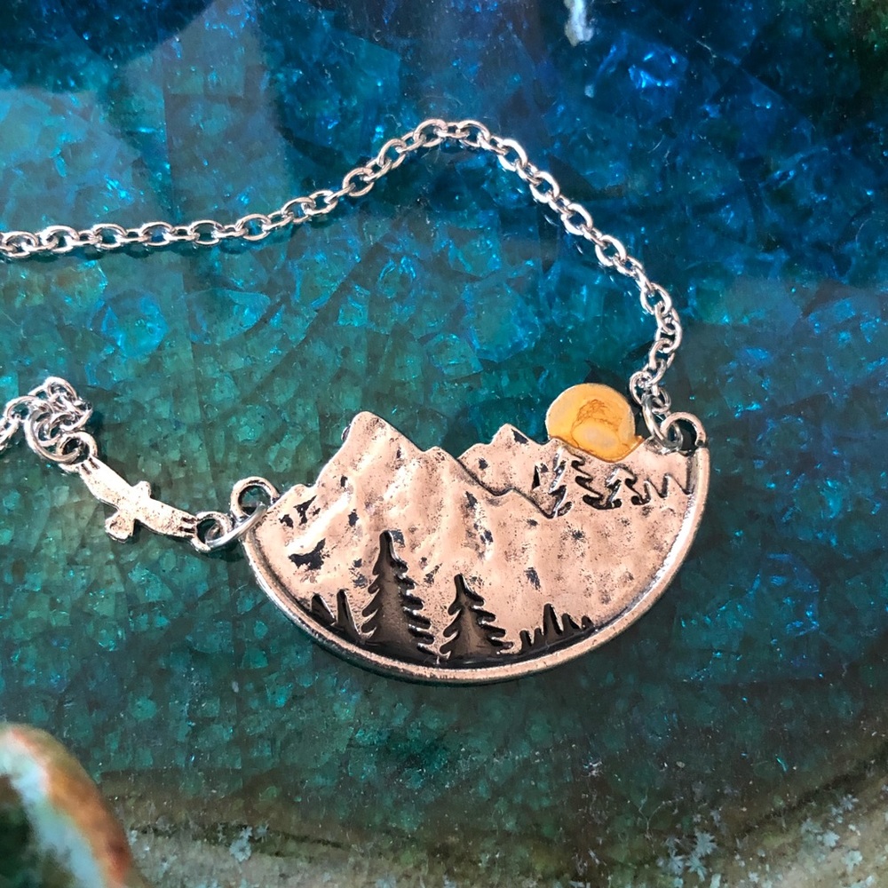 Winter Mountain Sunset Medallion Silver Tone Necklace